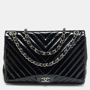 Chanel Classic Single Flap Maxi Black Chevron Patent Leather Bag